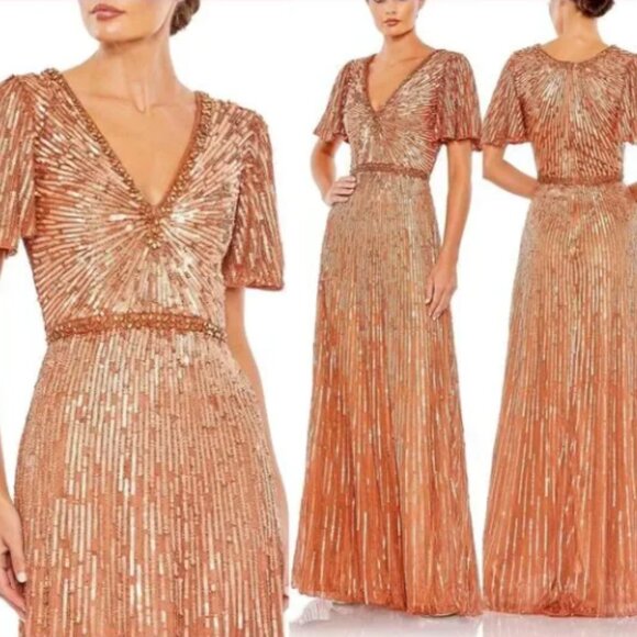 MAC DUGGAL 5538 EMBELLISHED V-NECK BUTTERLFY SLEEVE COLUMN COPPER GOWN sz 4 - Picture 5 of 5